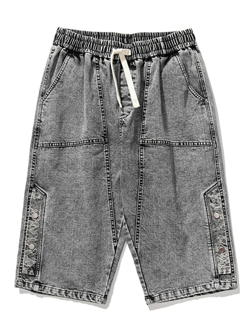 Summer Men'S Jeans Denim Breeches Calf-Length Casual Shorts Washed Cotton Drawstring Straight Capris Pants Big Size 8XL