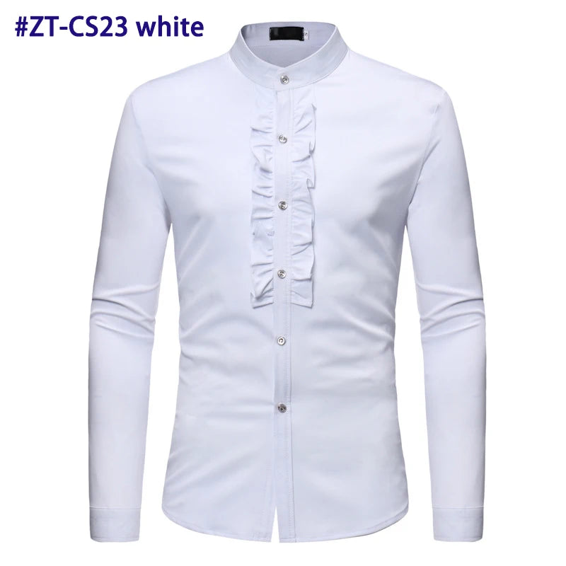 Mens Ruffle Tuxedo Dress Shirts 2018 Brand New Slim Fit Long Sleeve Stand Collar Shirt Men Prom Performing Wedding Chemise Homme