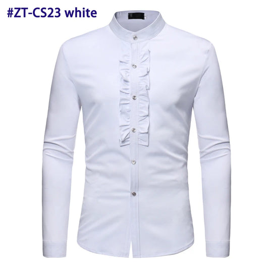 Mens Ruffle Tuxedo Dress Shirts 2018 Brand New Slim Fit Long Sleeve Stand Collar Shirt Men Prom Performing Wedding Chemise Homme