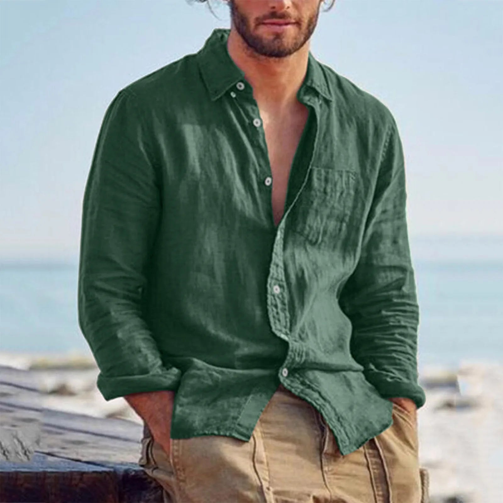 Men's Green Cotton Linen Casual Long Sleeve Shirt with Turn-Down Collar - Versatile Hawaiian Streetwear