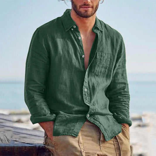 Men's Green Cotton Linen Casual Long Sleeve Shirt with Turn-Down Collar - Versatile Hawaiian Streetwear