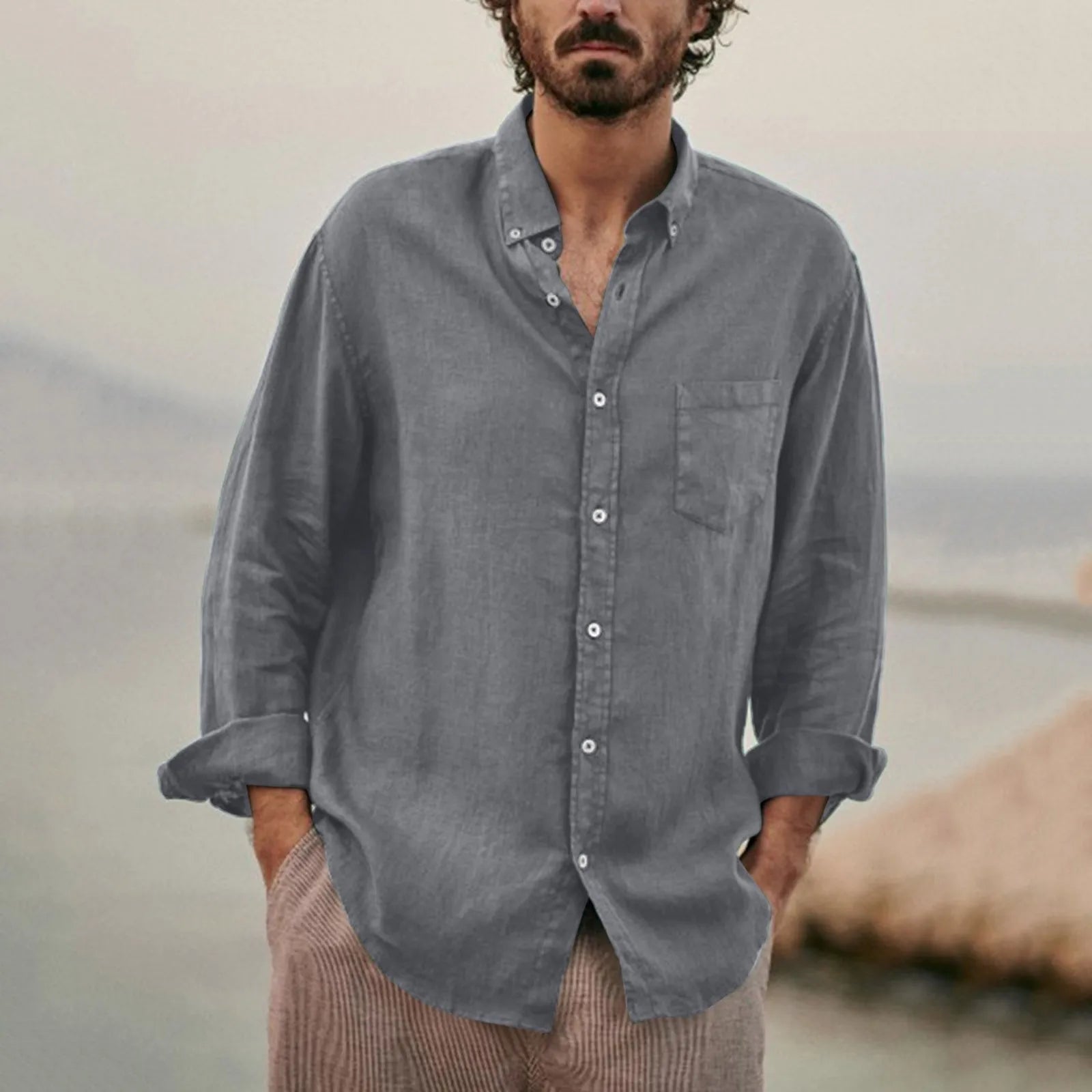 Men's Green Cotton Linen Casual Long Sleeve Shirt with Turn-Down Collar - Versatile Hawaiian Streetwear