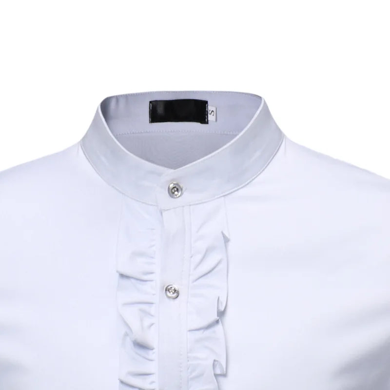 Mens Ruffle Tuxedo Dress Shirts 2018 Brand New Slim Fit Long Sleeve Stand Collar Shirt Men Prom Performing Wedding Chemise Homme