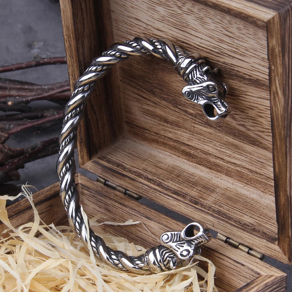 Stainless Steel Nordic Viking Norse Bear Bracelet Adjustable Men Wristband Cuff Bracelets with Viking Wooden Box